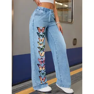 Women's Sky Blue Butterfly Print Straight-Leg Jeans - Smooth Denim, Medium Stretch & Elastic Drawstring Waistband |   All-Season Casual Pants with Pockets |   Machine Washable, Jeans for Big Curves, Comfortable Curve Jeans, Durable Washable Jeans, Relaxed
