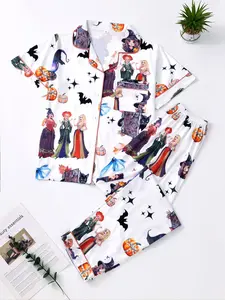 Women's Christmas Print Pajama Set, Comfortable Short Sleeve Shirt Top & Elastic Waist Pants, Casual Wear for All Seasons, Loungewear