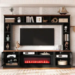 95.5" Wall Unit Entertainment Center with Electric Fireplace for TVs up to 80", Modern TV Stand with Fireplace, Electric Fireplace TV Stand, Bookshelves & Cabinets (Black+Brown)