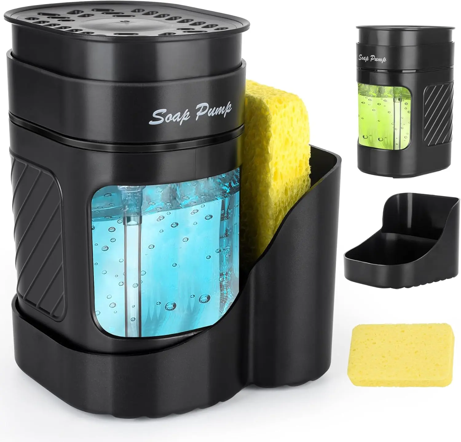 Kitchen Dish Soap Dispenser with Sponge Holder, 3-in-1 Countertop Dishwashing Soap Pump Dispenser Set for Kitchen Sink, Useful Kitchen Gadgets - Black