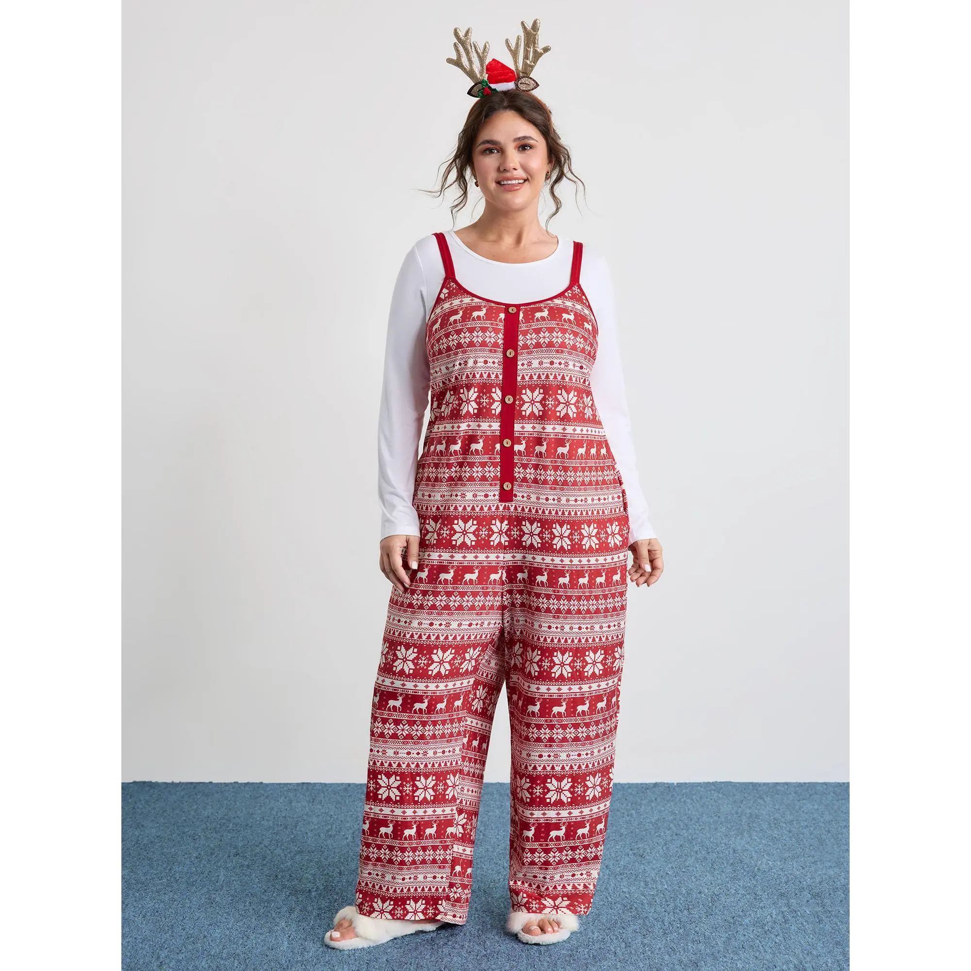 BloomChic Women's Plus Size Holiday Jumpsuit, Polyester-Cotton Fabric Festive Christmas Print Sleeveless Loungewear with Lapel Collar, Button Front, Side Pockets, Regular Fit, Stretchy 6% Spandex Medium Stretch, Low Iron, No Belt/Graphics, Size 14-16/1X