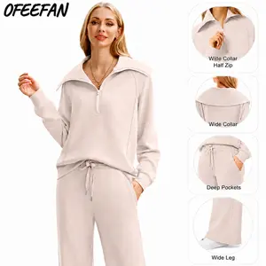 OFEEFAN Lounge Sets For Women 2025 Half Zip Sweatshirt And Wide Leg Sweatpant 2 Piece Outfits Sweatsuit Tracksuit Fashion Enthusiast  Casual Outing