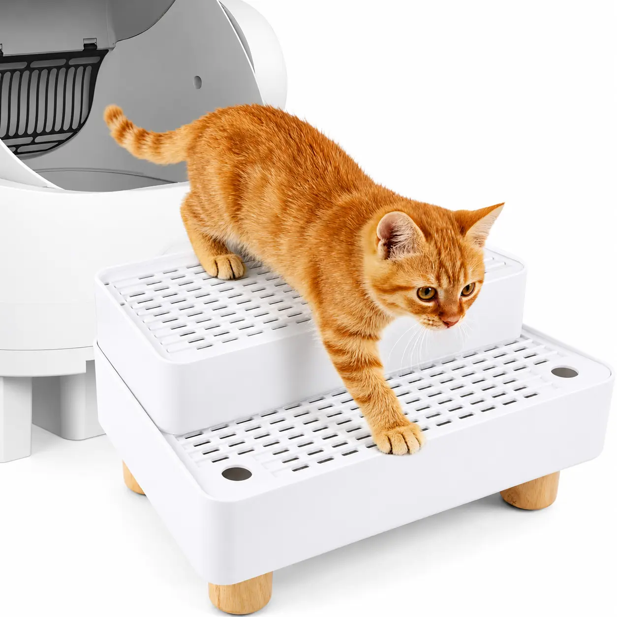 Adjustable 2 Steps Litter Box Ramp, Cat Litter Catcher Mat with Wooden Feet, Filter Function, Litter Box Step for Small & Elderly Cats, Fits Automatic Litter Boxes