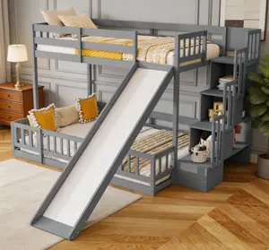 Solid Pine Twin-Over-Full Bunk Bed with Slide, Storage Staircase, and Safety Guardrails