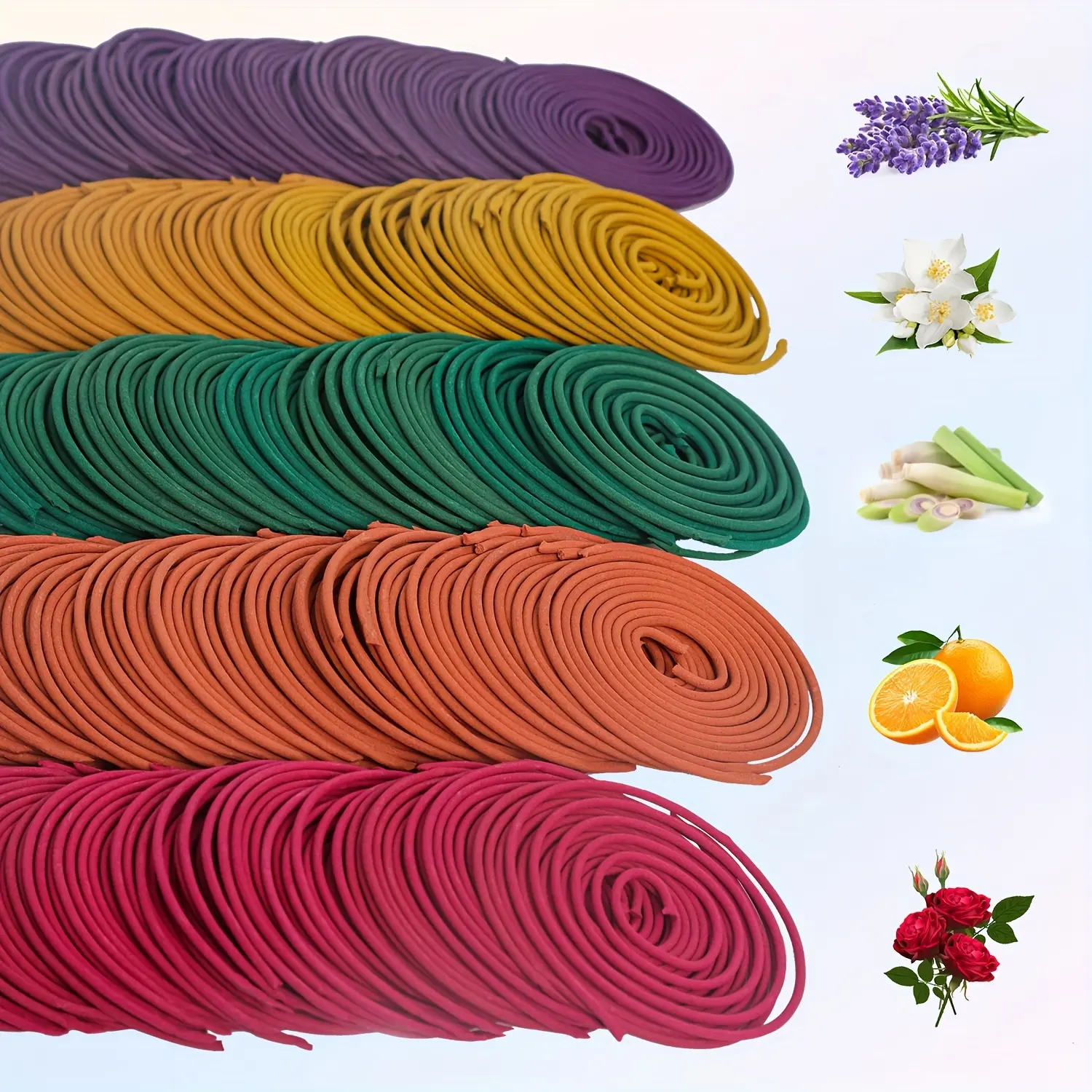 50-Piece Mixed Scented Spiral Incense Set - Flowers Fragrances (Lemon,Rose,Jasmine,Lavender), 3-4H Burn Time, Artificial Fragrant Wood Powder Build, Indoor Home Fragrance Freshener for Home,Yoga