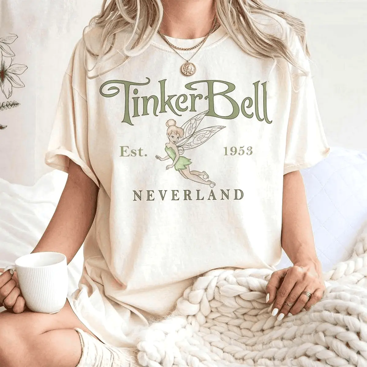Lady's Vintage 1953 Tinker Bell Print Round Neck Short Sleeve Loose Soft Cotton T-Shirt - Peter Pan Neverland Fairy-Inspired Women's Casual Lightweight Smart Top