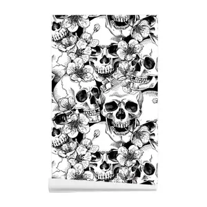 Friendly Skull and Floral Wallpaper Stickers, Decorative Wallpaper, Waterproof Vinyl Contact Paper for Gothic Room Renovation, Easy to Apply Stylish Skull Wall Decor, Decoration
