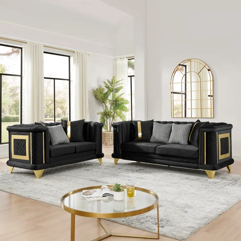 2PCS Classic Glam Striped Velvet Tufted Sofa Set - Gold Stainless Steel Trims, Embroidery, Rolled Arms, Tufted Back, Mid-Century Victorian Style, 89x39x34in 3-Seat & 69in Loveseat Couch for Living Room, Black