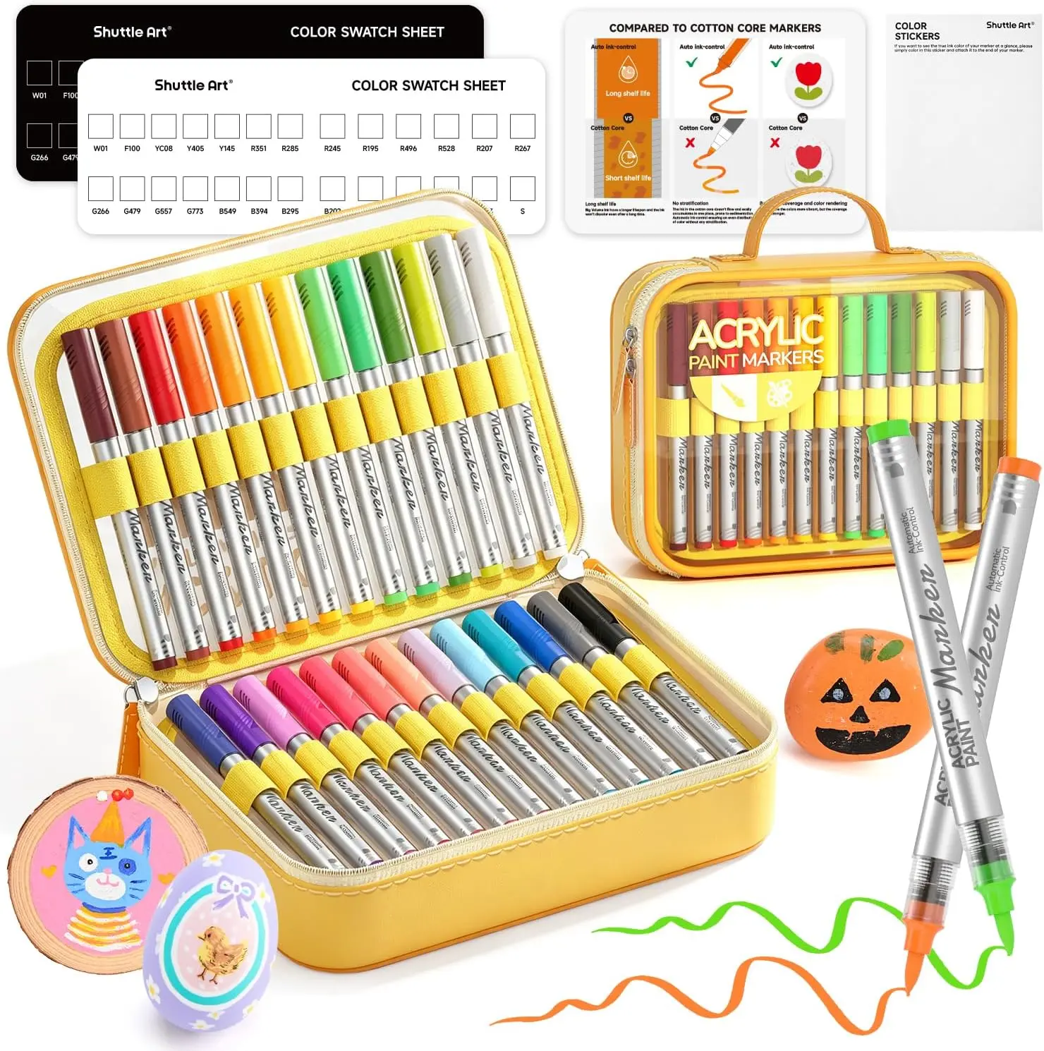 Shuttle Art Automatic Ink Control Acrylic Paint Markers, 26 Colors Brush Tip Acrylic Paint Pens for Rock Painting, Ceramic, Wood, Canvas, Glass, Stone, Fabric, Card Making, DIY Crafts