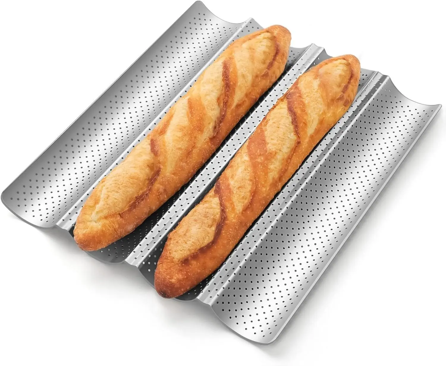 Carbon Steel 4-Loaf Premium Nonstick Perforated Baguette Bread Pan, Easy Nonstick Lift, Even Heat Bake Grid Holes Tool for French/Italian Bread, Sourdough Ready for Crispy Crust