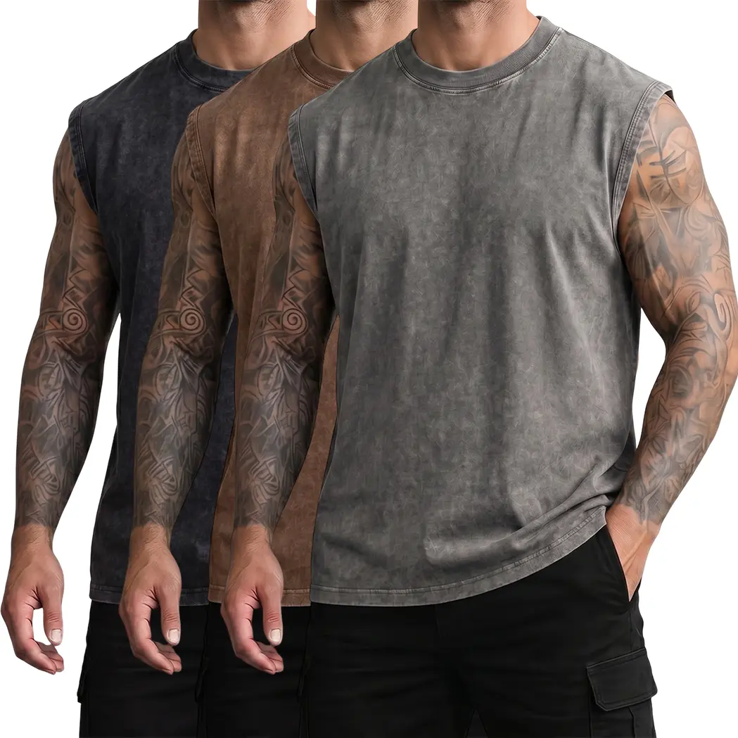 3-PACK Versatile Wash Sleeveless Crew Neck Muscle Shirts, Comfort Lightweight 100% Cotton Material, Clean Fit Old Money Aesthetic, All Season Streetwear Basic Tops For Urban Daily Outfit
