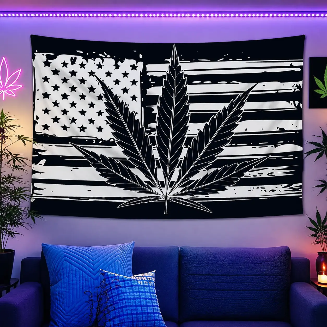Cool Psychedelic Marijuana Leaf Black and White American Flag Tapestry UV Reactive Wall Tapestry Psychedelic Neon Tapestry Wall Hanging
