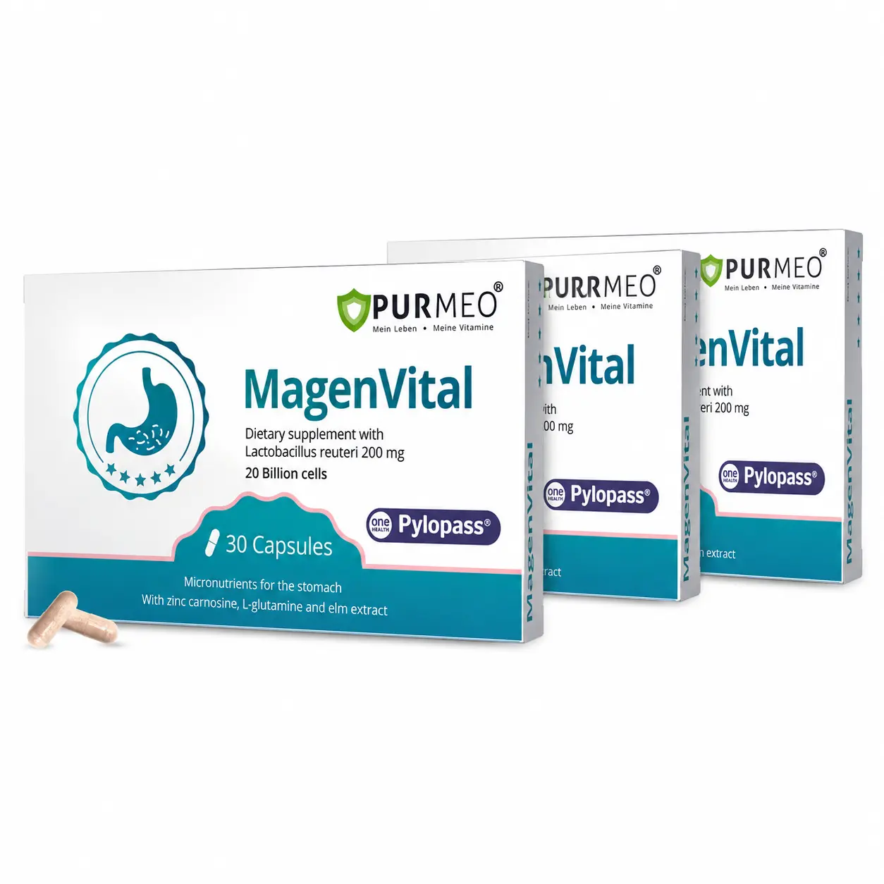 Purmeo Targeted Balance H. Pylori  Probiotics Set - 5-in-1 High-Efficiency Formula, Vegan, 20 Billion Cells, Daily Gut Health, Gastric Support, Digestive Comfort & Stomach Lining Protection - Pylopass Lactobacillus reuteri DSM 17648 ,Supplement