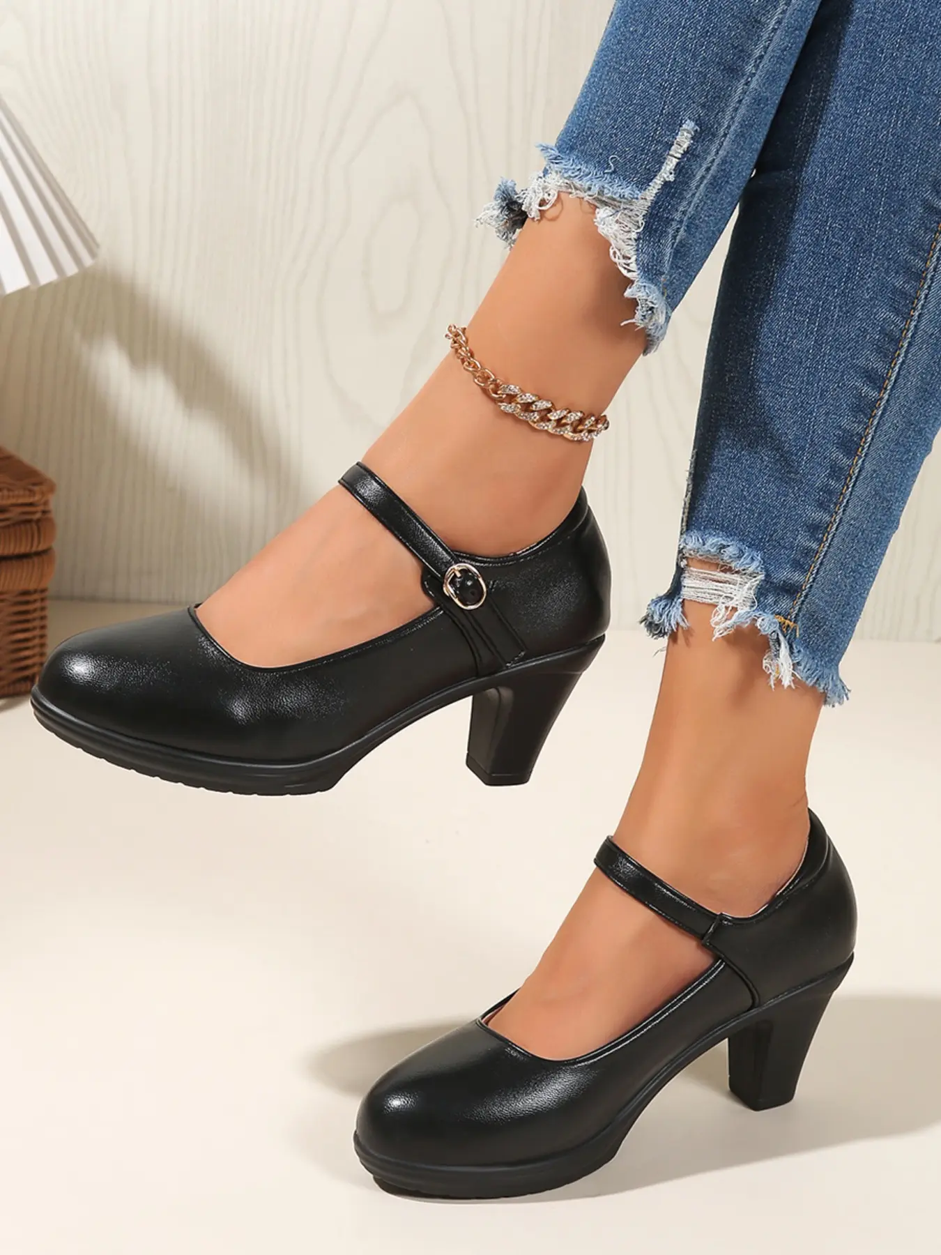 Women's Fashionable Classy Stylish Solid Color Mary Jane Style Pumps, Elegant Round Toe Korean Chunky High Heel Rubber Shoes with Rubber Sole for Daily Wear, Lightweight Breathable Comfortable Shoes for Women & Girls Rounded Toe Shape