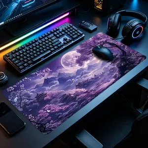 Purple Moon Cherry Blossom Temple Landscape Large Gaming Mouse Pad, Extended XXL Desk Mat with Stitched Edge & Non-Slip Rubber Base, Ideal for Gamers, Japanese Culture Fans and Nature Lovers, Perfect for Gaming Rooms, Home Offices & Bedroom Desks