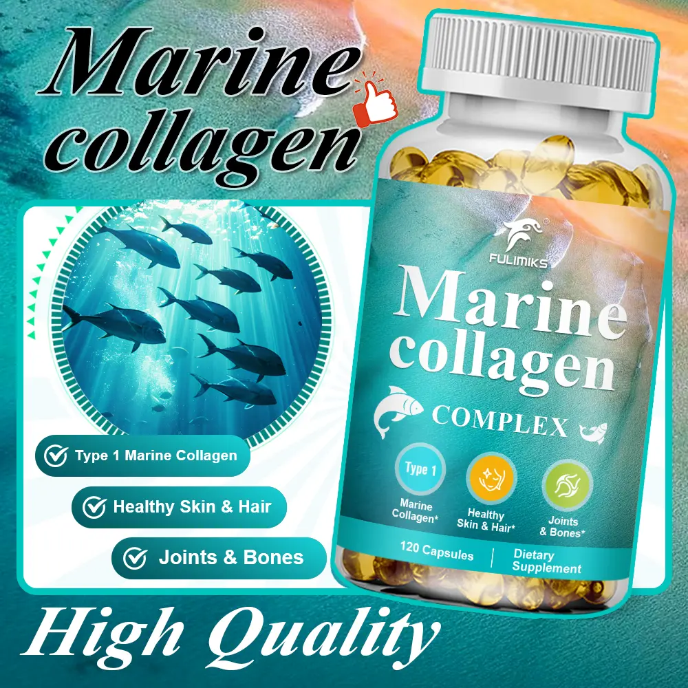 FULIMIKS Marine Collagen Protein Complex - Dietary Beauty Supplement with Hyaluronic Acid, Vitamin C, Minerals - Vit C Skin Support, Hair Supplements - 120 Capsules, Hyaluronic Acid Collagen Supplements, Type I–Iv Blend