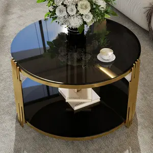 Modern Round Coffee Table, Luxury Black Gold Glass Coffee Table, 31.5" Center Table Living Room Table, Gold Stainless Steel Irregular Leg, Double-Layer Structure, Black Glass Desktop