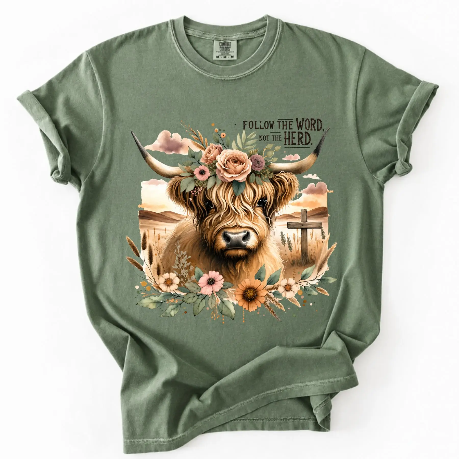 Christian Highland Cow Shirt, Follow The Word Not The Herd Tee, Floral Highland Cow Cross Shirt, Faith Western Cow Graphic T-Shirt, Rustic Christian Gift