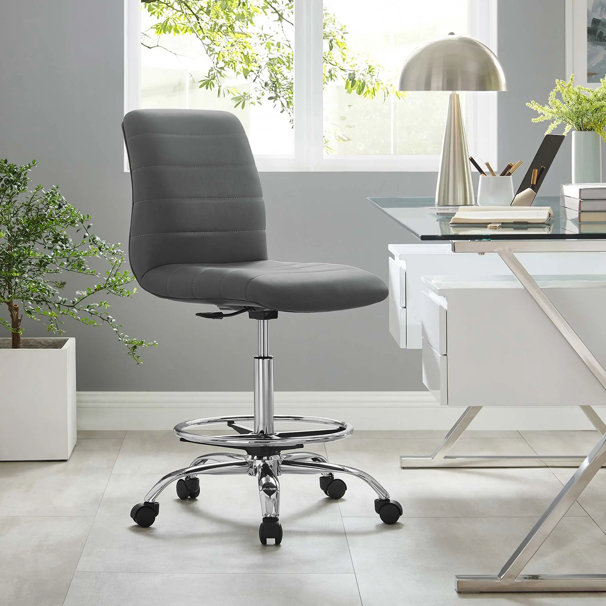Modway Ripple Ergonomic Swivel Armless Desk Chair - Silver Gray Vegan Leather, Adjustable Height, Cushioned Support, Commercial Office Furniture for WFH Setup, Reception Desk, Adjustable Height Chairs, Supportive Sitting, Ergonomic Chair