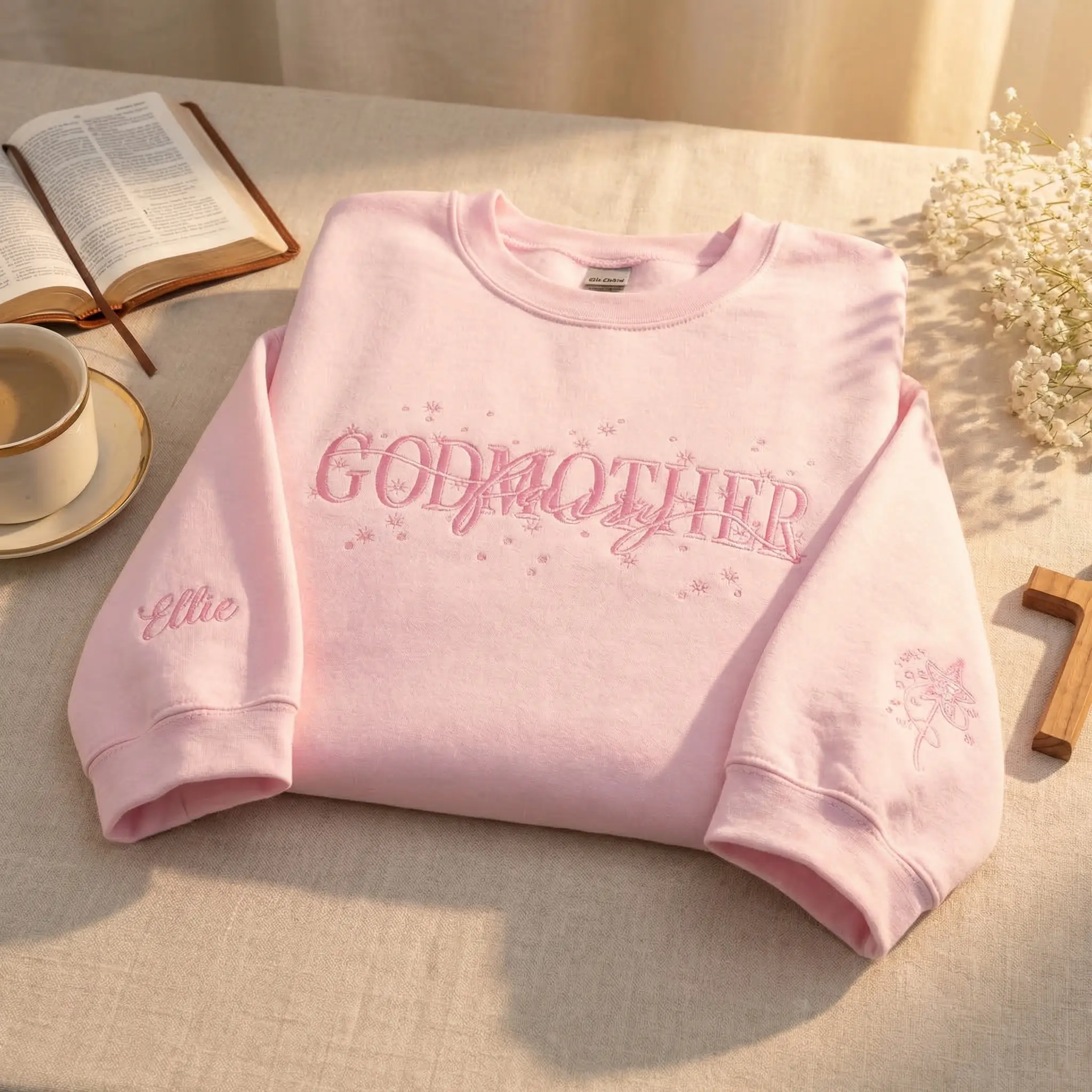 Embroidered Personalized Godmother Sweatshirt: Embroidered Christening Gift, Name on Sleeve, Godmother Proposal Crewneck, Custom Embroidery Mother's Day Mom Hoodie, God Mama Gift, Godmama Sweatshirt, Girly Soft Girl Sweatshirt
