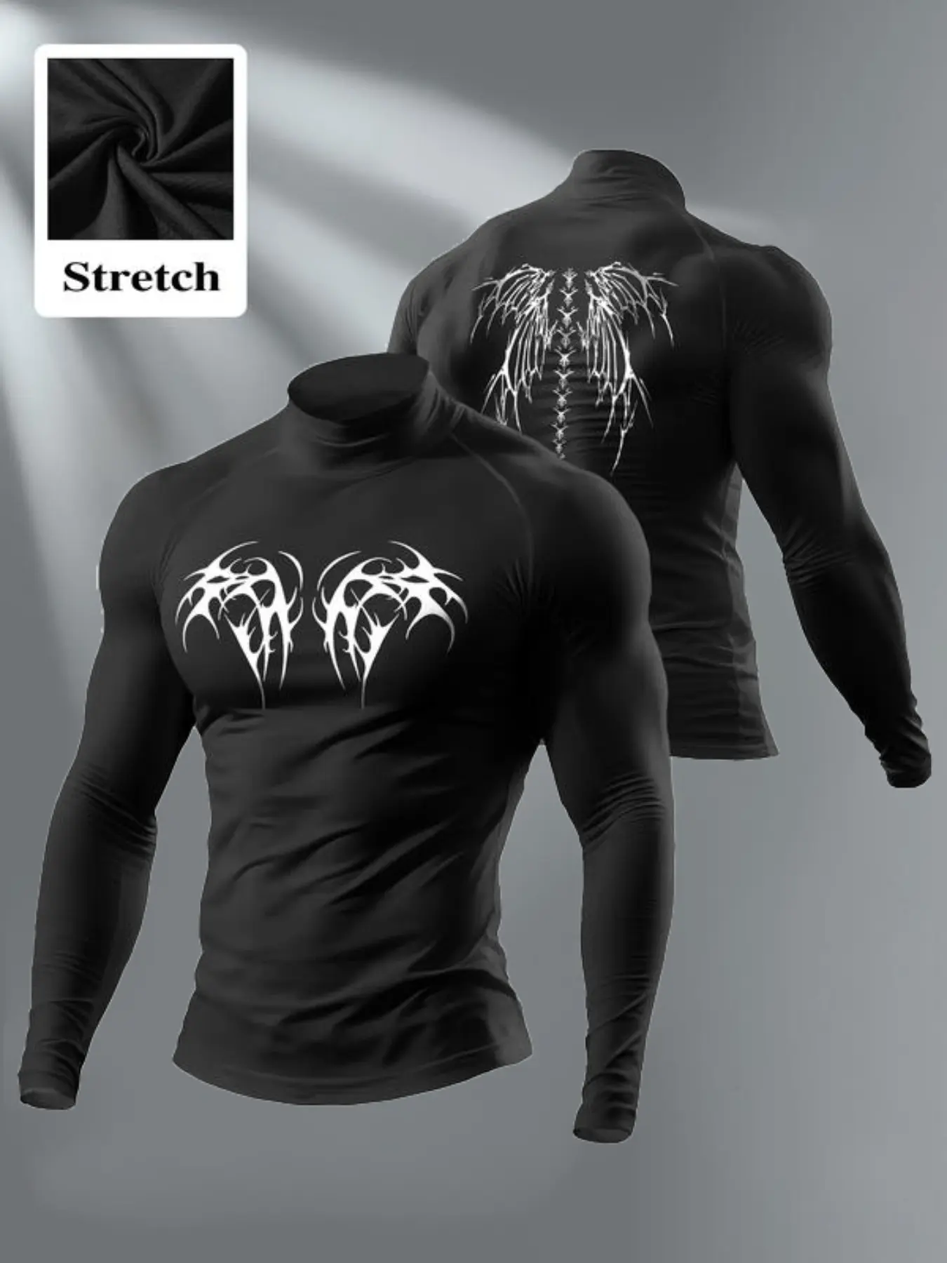 Men's Gothic Wings Compression Shirt, Long Sleeve High Neck, Quick Dry Rash Guard, Vintage Print Workout Top, Casual Activewear, Quick Drying Top