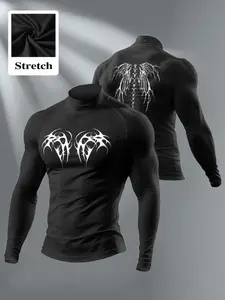 Men's Gothic Wings Compression Shirt, Long Sleeve High Neck, Quick Dry Rash Guard, Vintage Print Workout Top, Casual Activewear, Quick Drying Top