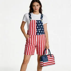 Breathable American Flag Short Bib Overalls – 4th of July Unisex Romper, 250th Anniversary Stretch Denim Coveralls for Adults, Memorial Day Parade Outfit, Summer Streetwear Jumpsuit for Daily Errands, Gift for Dad