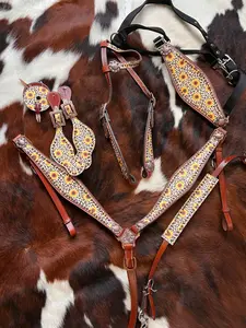 Sunflower/Cheetah Print One Ear Headstall and Breast Collar 6- piece set