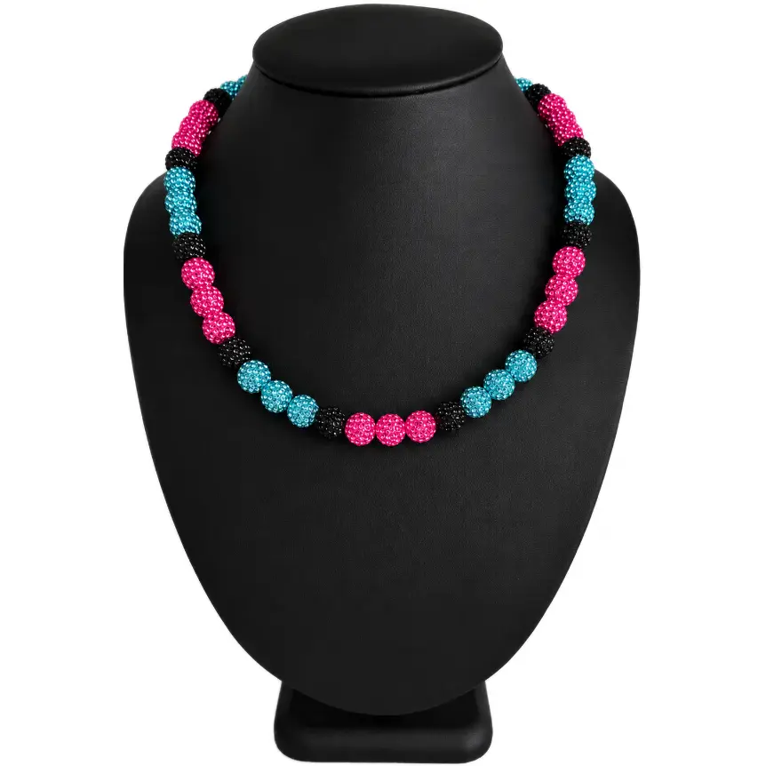 Iced Bling Disco Ball Rhinestone Bead Baseball Drip Necklace Pink Blue Black