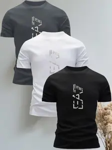 Three-Piece Men's Short Sleeve Shirts, Minimalist Design with Text and Animal Head Patterns, Casual Slim-Fit Long Top for All Seasons