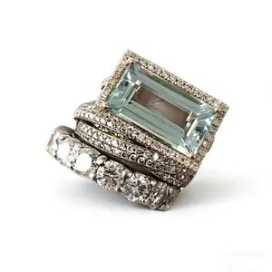 SOCIALITE STACK Cocktail Rings - Three-Piece Set with Emerald-Cut Zircon & Pavé Bands - Silver-Plated Copper Alloy - Stackable for Nights Out & Special Events