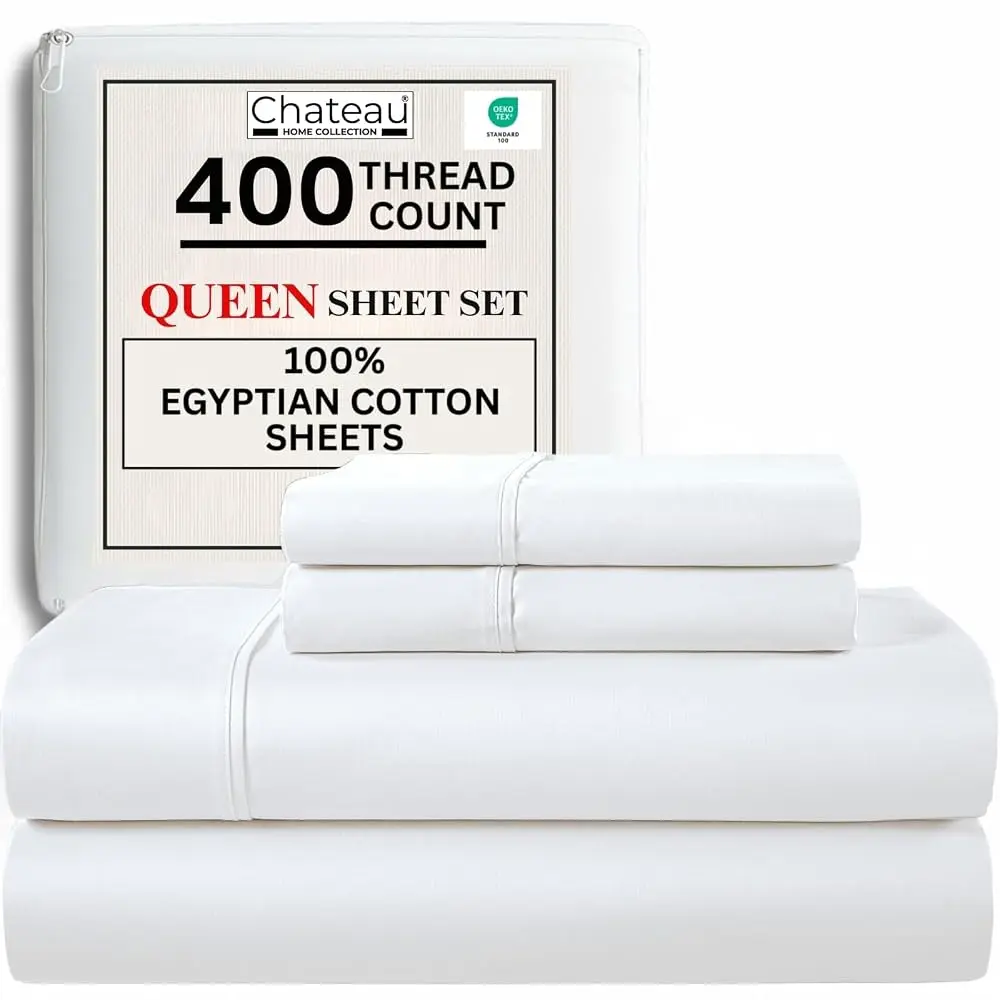 Chateau Home Collection 100% Cotton Sheet Set – 400 Thread Count Sateen Weave, Soft & Breathable, 15" Deep Pocket, Hotel Quality 4-Piece Bed Sheet Set, Suitable for Everyday Use in All Seasons