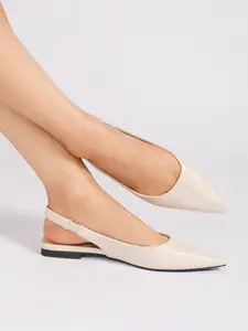 Women's Beige Pointed Toe Slingback Flats, Soft Leather Comfortable Back Strap Flat Shoes, Elegant Office Daily Casual Shoes for Women, Footwear