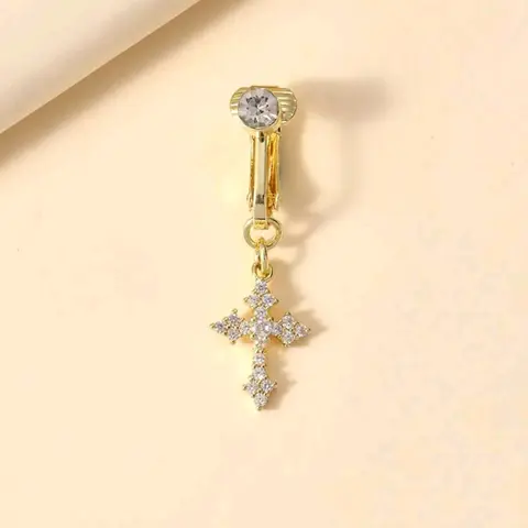 Zircon Cross Design Faux Belly Ring, Fake Belly Piercing, Non-Piercing Clip-On Accessory, Fashion Vintage Body Jewelry for Women, Daily Wear Gift, Body Jewellery