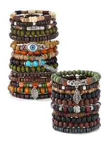 25-Piece Ethnic Wood Bead Bracelet Set, Neutral Vintage Stackable Wristbands, Boho Style Jewelry for Women and Men, Beaded Bracelets