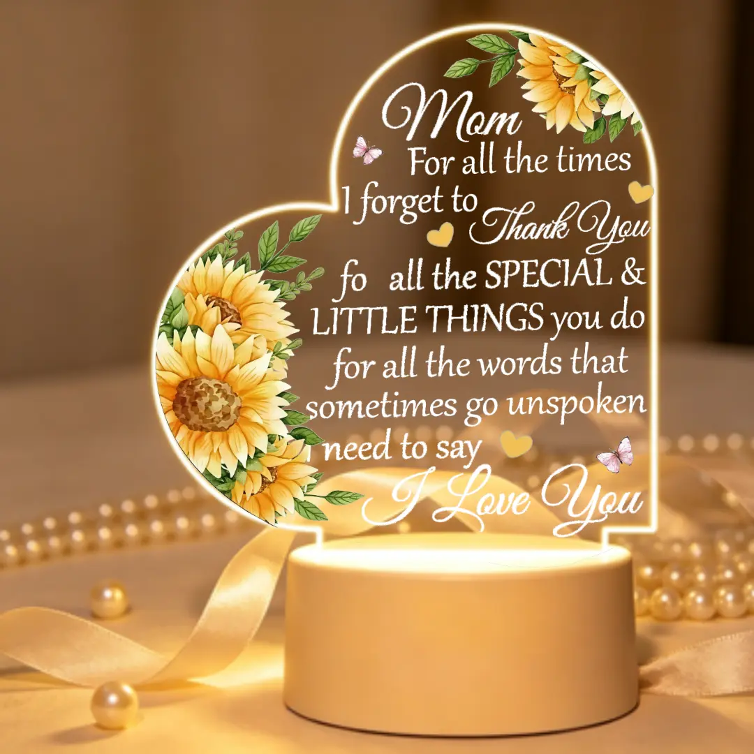 12cm Heart-Shaped Acrylic Sunflower LED Night Light, USB Desk Lamp with 9.5cm ABS Base, Romantic Bedroom Accessories, Best Friend Women Gift That Enhances the Aesthetic