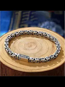 New Han Style Dragon Pattern Six-Character Mantra Silver Color Bracelet for Men, Trendy Vintage Hip-Hop Personalized Mens Jewelry, Trendy Jewellery Accessories