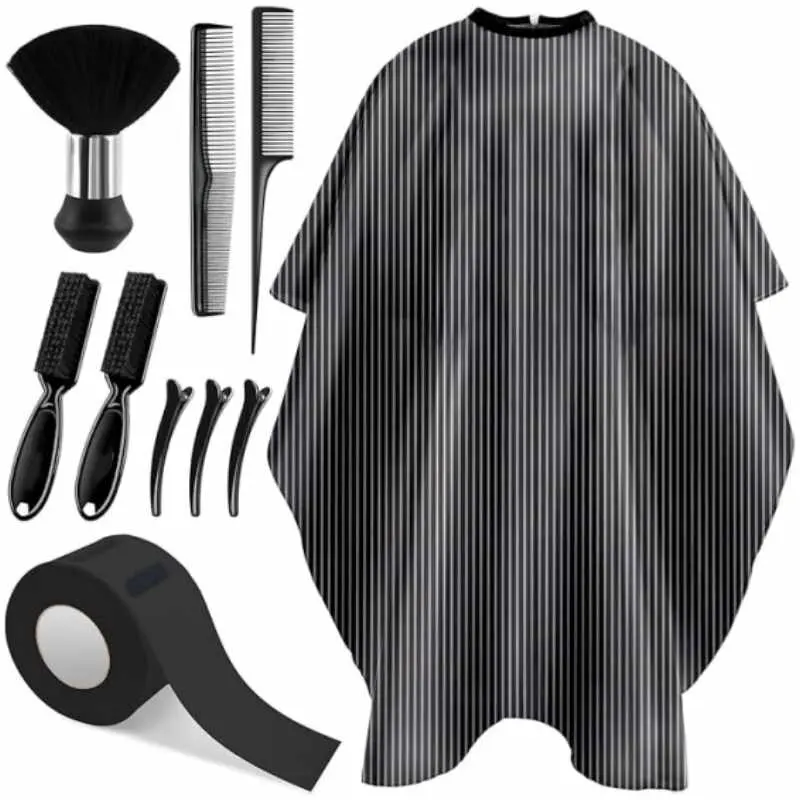 10 in 1 Hair Cutting Barber Cape with Neck Duster Brush Barber Brush Neck Strips Hair Combs Hair Clips, Professional Barber Accessories Cleaning Supplies for Salon Haircut Styling (Stripe)