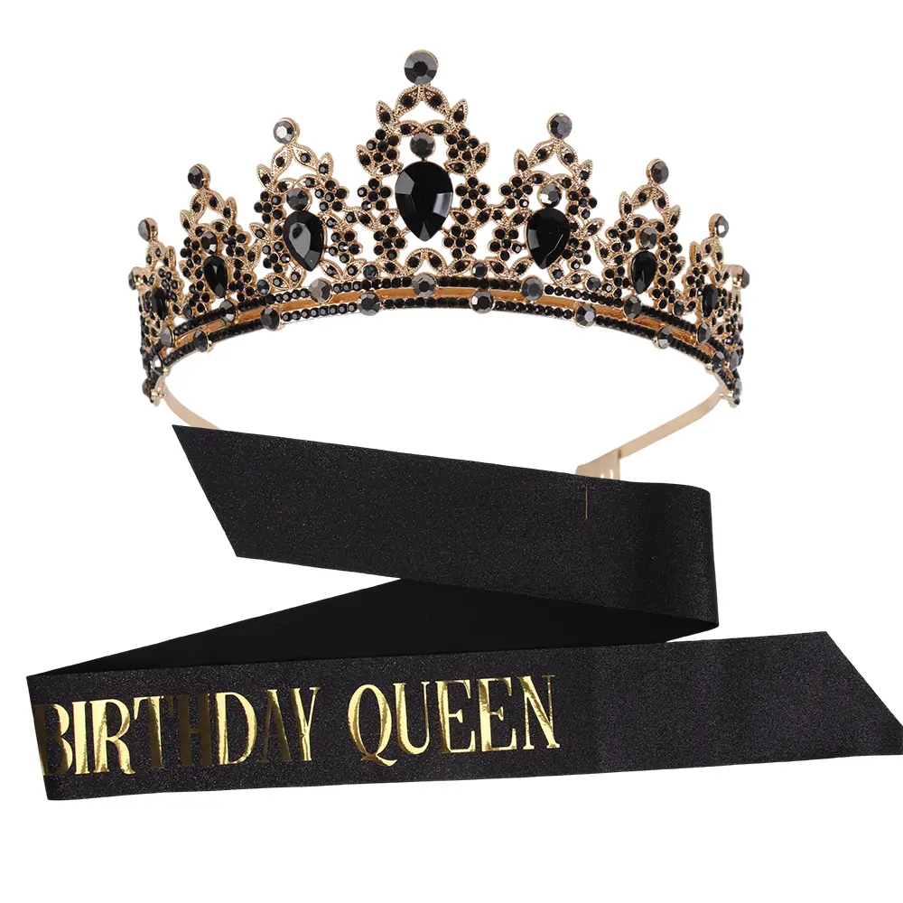 Birthday Queen Sash and Tiara Set, Black Glitter Satin Foil Sash with a Sparkling Rhinestone Alloy Crown, Adjustable Party Accessories for Women