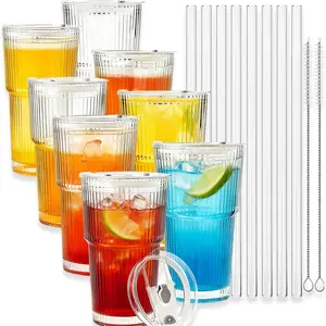 Thickened Ribbed Glass Tumblers 6/8Pack 20oz with Lids & Straws Perfect for Smoothies Coffee Juices Sturdy Grip Daily Beverage Needs