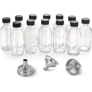12 Pack, 2 oz Small Clear Glass Bottles w/Lid & 3 Funnels - 60ml Boston Shot Bottles for , Immunity, Potion, Wellness, Sample, Ginger, Juice - Mini Personal Care & Beauty Travel Bottle
