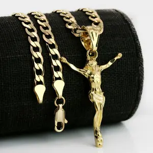 MaxBling81 Unisex Hip Hop Fashion Cross Pendant Necklace - High-Quality Polished Gold-Plated Brass Jesus Figure, 7mm Cuban Link Chain (20in or 24in Options)