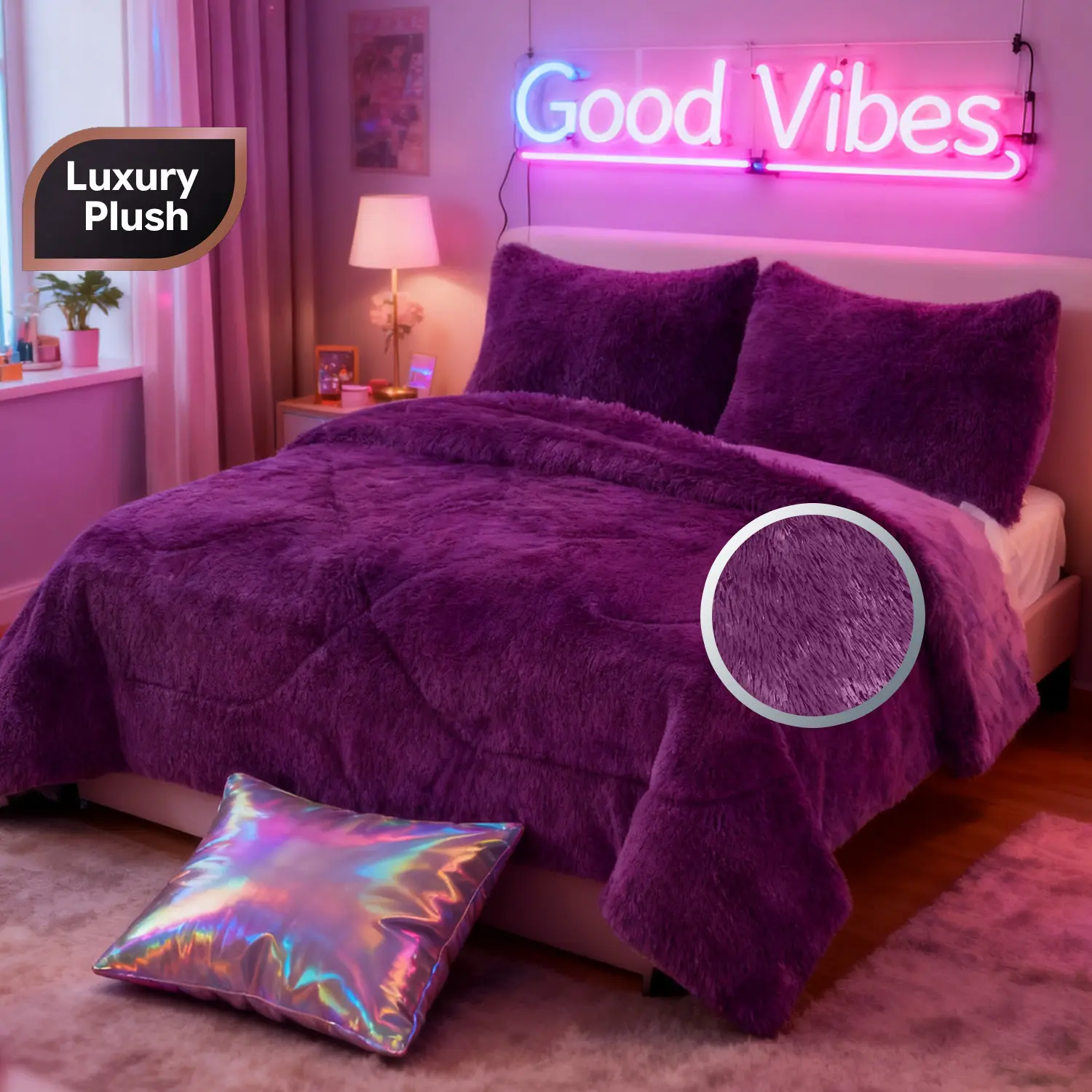 3pc Solid Color Shaggy Comforter Set Luxury PV Faux Fur & Soft Velvet Back Ultra Plush Warm Winter Quilt Thick Minky Fleece Cozy Bedding Reversible Blanket Modern Marble Aesthetic Room Decor Christmas Present Queen King California Size Local Warehouse, Be