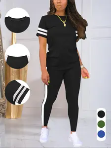 Women's summer round neck short-sleeved trousers suit casual sports home, classic solid color summer basic style, sleeves and pants with stripes personality casual style, Casual Workout Loungewear