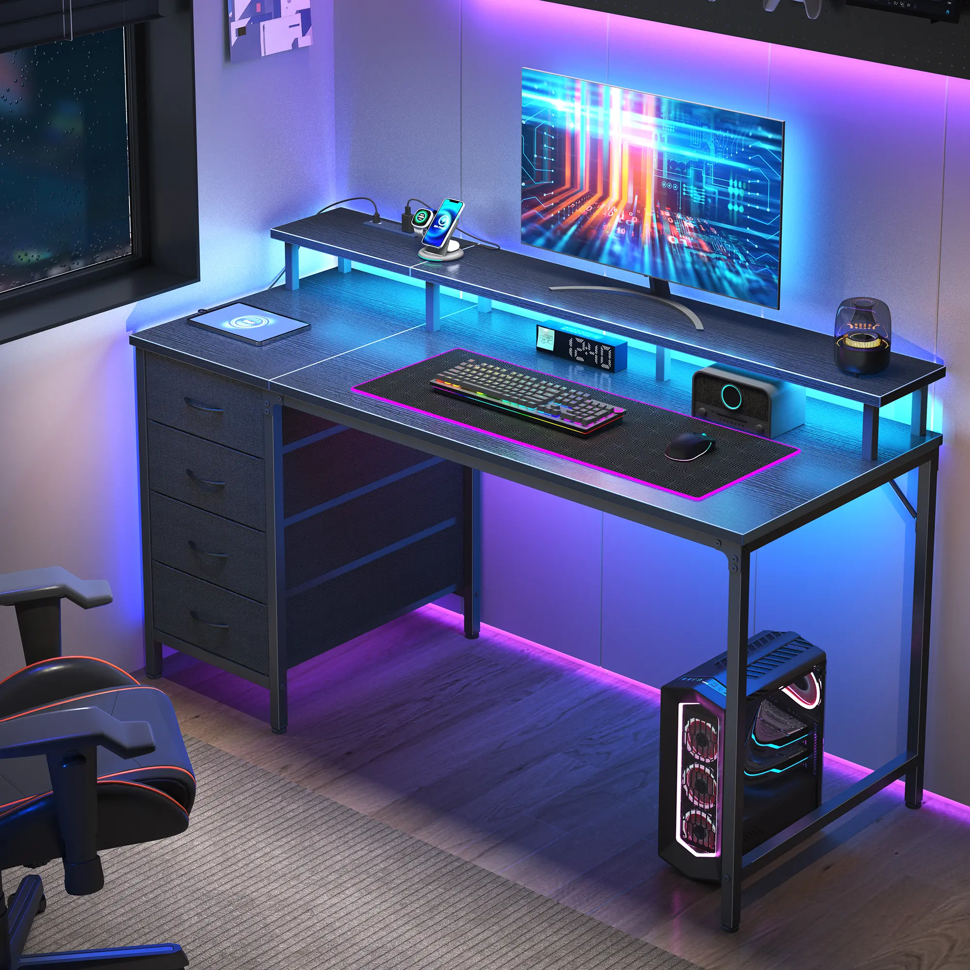 Modern Computer Desk with Monitor Riser, USB-C Charging & Music Sync LED Lights, Ideal for Gaming Working Studying Bedroom Apartment Modern Computer Desk with Monitor Riser, USB-C Charging & Music Sync LED Lights, Ideal for Gaming Working Studying Bedroom Apartment