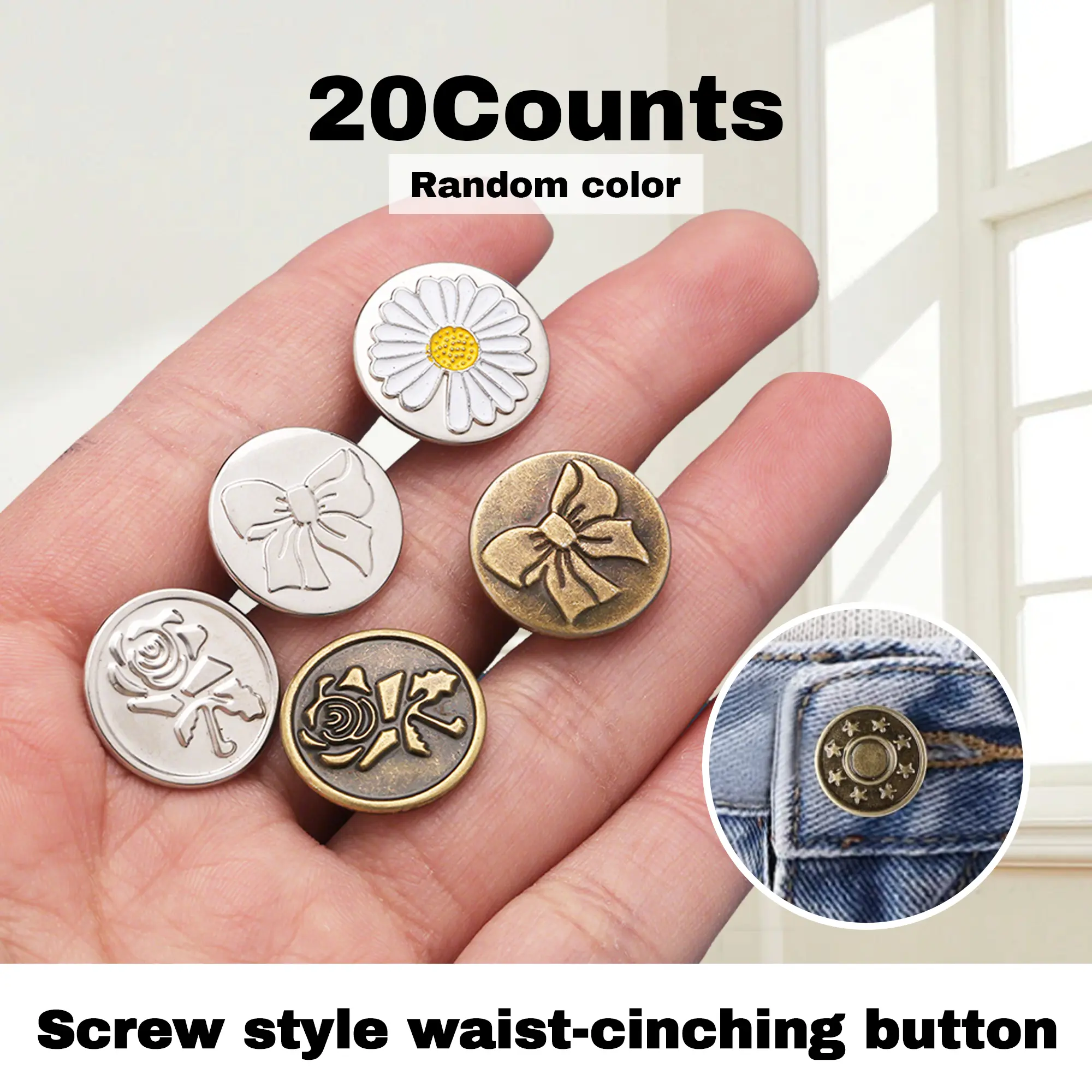 20 Counts Jeans Button Replacement Kit, No-Sew Adjustable Metal Buttons, Thread Rivets and Screwdriver Repair Set with Storage Box, Jeans Clothing Decoration for Women and Men, Random Styles