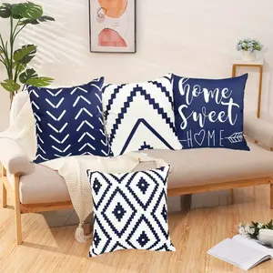 4PCS Square Decorative Throw Pillows Cushion Covers Blue White Modern Geometry Print Home Pillowcases for Sofa Couch, Perfect for Summer Outdoors and Indoors, 18 X 18 Inch summervibes
