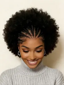 Short Afro with Cornrows 13x4 Lace Front Human Hair Wig, Pre-Braided 180% Density, Curly Style, for Women, High-Quality Synthetic Fiber, Lace Frontal Wig