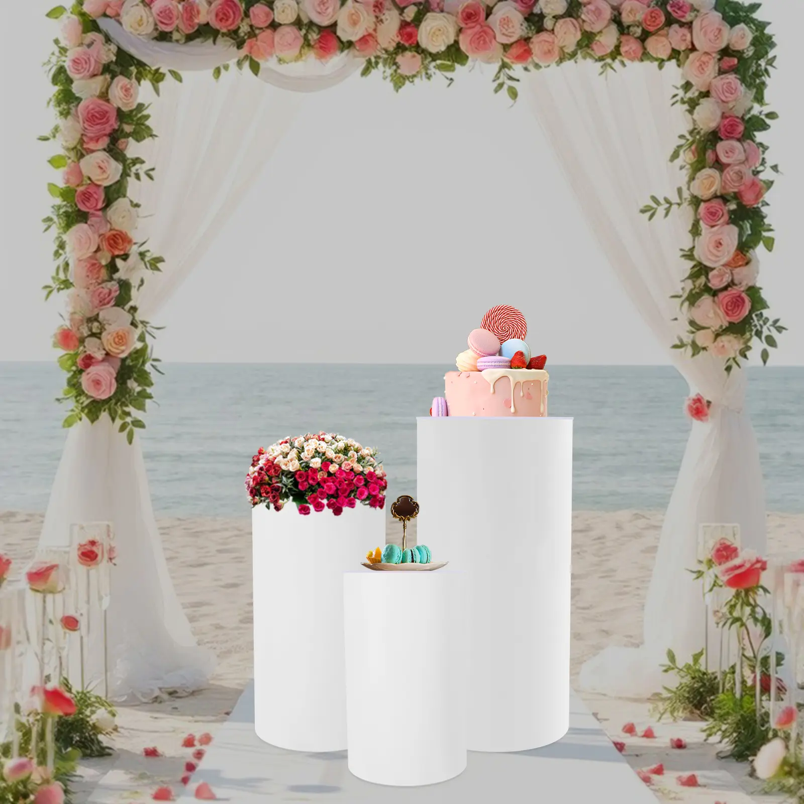 SummerVibes 3-Piece PVC Cylinder Pedestal Cake Display Stands Set (23.6in, 29.5in, 35.4in Heights) - Home & Party Supplies for Birthday Cake Decorations, Wedding Events, Cake Display Stand