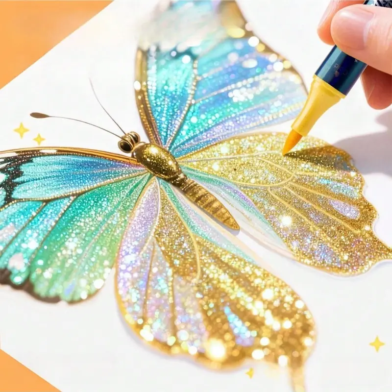 Dual-Tip Metallic Glitter Marker Pens Dual brush tips, Dual Tip Markers, ideal for cards, gifts and decorations. Perfect gift for artists and journal keepers. Medium nib, water-based ink, plastic body.